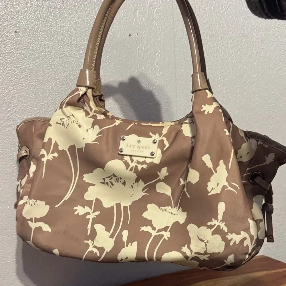 Chic Kate Spade Neutral Floral Nylon Leather Hobo Bag Shoulder Purse Trendy